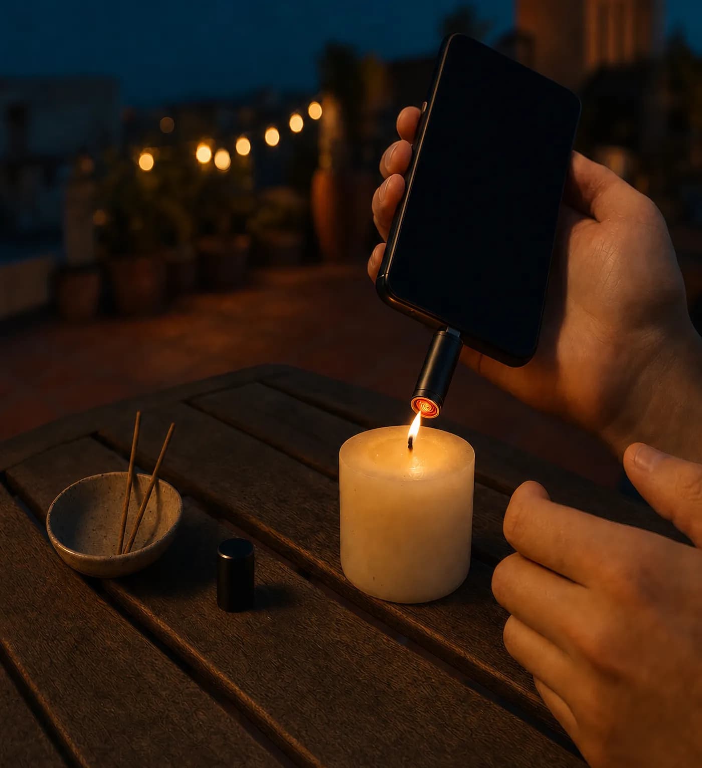 Mechero enchufado al móvil encendiendo una vela en la mesa de una terraza, de noche